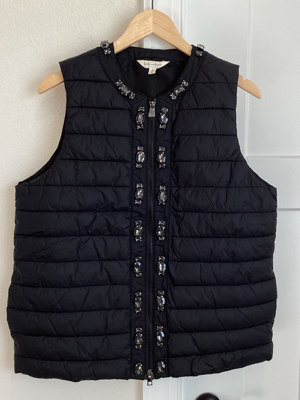 Linda Anderson Puffer Vest Sleeveless Embellished New Large Black